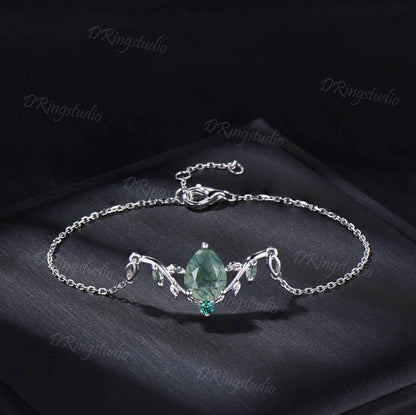 Rose Gold Branch Leaf Bracelet Nature Inspired Wedding Bracelet Pear Shaped Natural Moss Agate Bracelet Boho Bridal Jewelry Proposal Gift