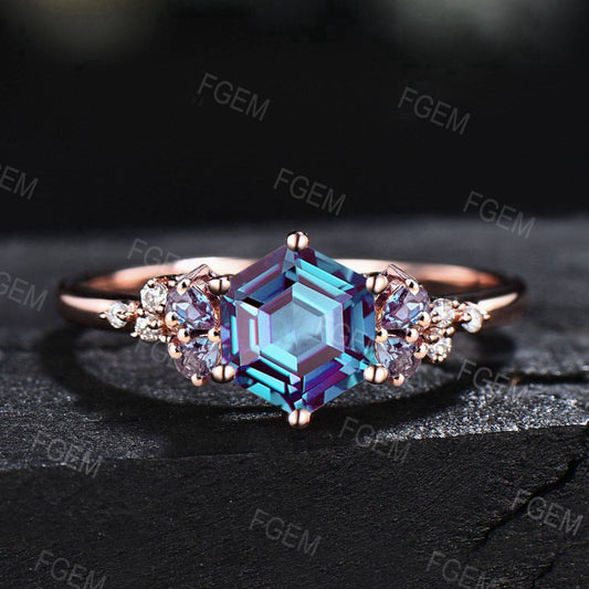 Snowdrift Engagement Ring Hexagon Alexandrite Diamond Ring Color Change Stone Alexandrite Wedding Ring June Birthstone Jewelry Unique Gemstone Ring