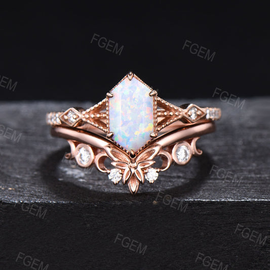Vintage Long Hexagon White Opal Ring Set Half Eternity Milgrain Ring 3 Row Split Fire Opal Bridal Set Moon Leaf Moissanite Ring Promise Gift