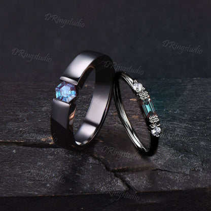 Gothic Black Alexandrite Couple Rings Set Men/Women Wedding Band Hexagon Cut Alexandrite Engagement Ring Proposal Gift