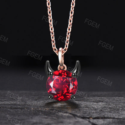 Devil pendant Unique 7mm Round Ruby Necklace Solid Black Gold Little Devil Red Gemstone Necklace July Birthstone Jewelry For Halloween
