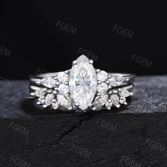 Marquise Cut Moissanite Engagement Ring Set 14K Solid White Gold Wedding Ring Art Deco Cluster Moissanite Diamond Bridal Set Proposal Gift