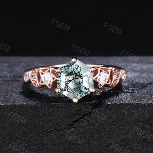 Unique Hexagon Cut Natural Moss Agate Engagement Ring Rose Gold Moon Star Green Moss Wedding Ring Celestial Moissanite Ring Anniversary Gift