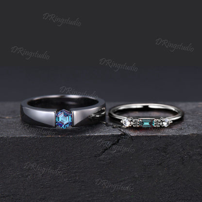 Gothic Black Alexandrite Couple Rings Set Men/Women Wedding Band Hexagon Cut Alexandrite Engagement Ring Proposal Gift