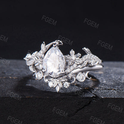 Flower Pear Shaped Moissanite Engagement Ring Set Cluster Moissanite Diamond Floral Wedding Ring Gold Celtic Knot Bridal Set Proposal Gifts