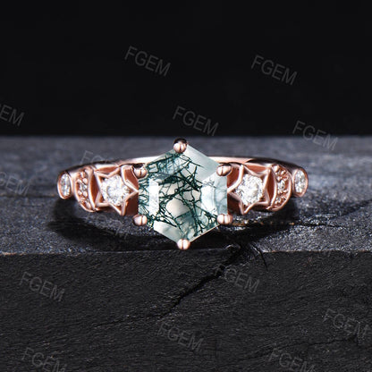 Celestial Moon Star Design Natural Moss Agate Ring Set Hexagon Green Moss Bridal Set Triple Moon Moissanite Ring Celtic Moon Ring Women Gift