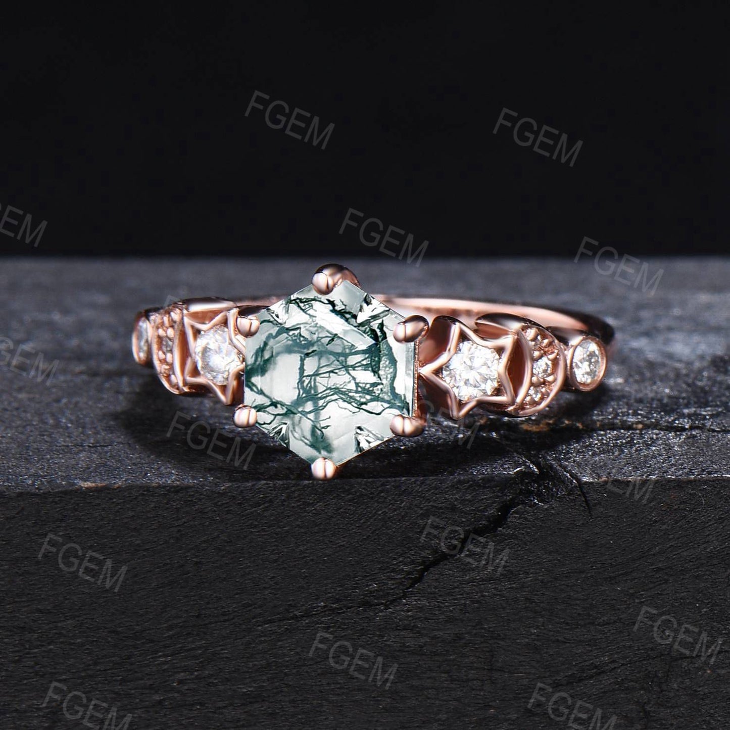 Unique Hexagon Cut Natural Moss Agate Engagement Ring Rose Gold Moon Star Green Moss Wedding Ring Celestial Moissanite Ring Anniversary Gift