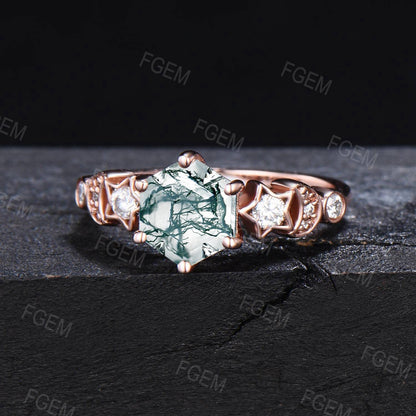 Unique Hexagon Cut Natural Moss Agate Engagement Ring Rose Gold Moon Star Green Moss Wedding Ring Celestial Moissanite Ring Anniversary Gift