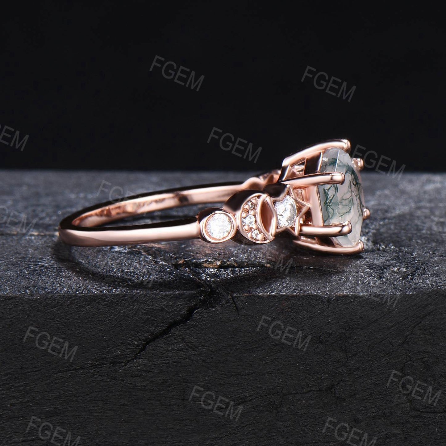 Unique Hexagon Cut Natural Moss Agate Engagement Ring Rose Gold Moon Star Green Moss Wedding Ring Celestial Moissanite Ring Anniversary Gift