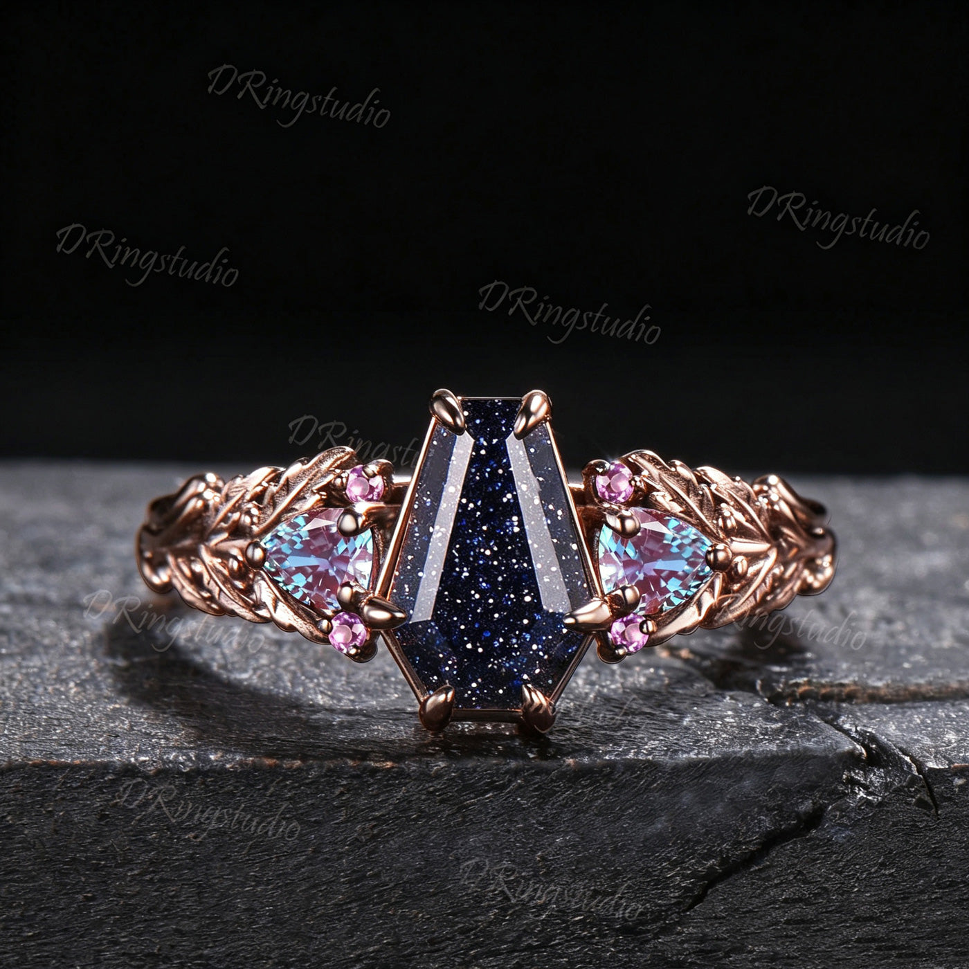 Coffin Cut Blue Sandstone Nature Inpsired Engagement Ring Oak Twig Leaf Amethyst Alexandrite Bridal Ring 14K Black Gold Nebula Ring for Her