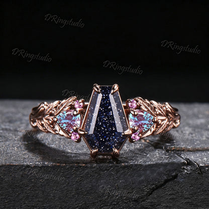 Coffin Cut Blue Sandstone Nature Inpsired Engagement Ring Oak Twig Leaf Amethyst Alexandrite Bridal Ring 14K Black Gold Nebula Ring for Her