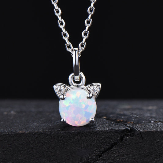 Gold Cat Wedding Necklace 1ct Round White Opal Necklace Unique Kitten Fire Opal Pendant Rose Gold October Birthstone Jewelry for Cat Lover