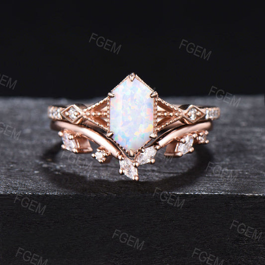 Long Hexagon Opal Ring Set Split Shank Engagement Ring Rose Gold Milgrain Bridal Set Unique Marquise Moissanite Ring October Birthstone Gift