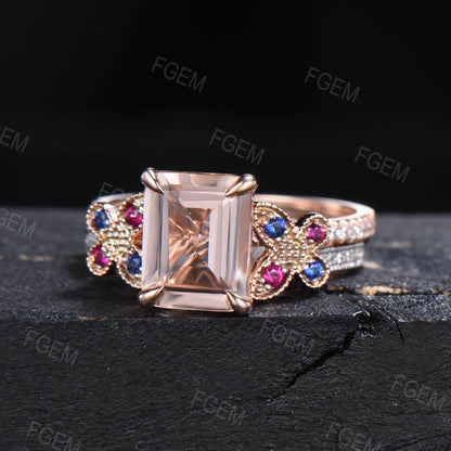 Vintage 2ct Morganite Engagement Ring Set Emerald Cut Morganite Moissanite Wedding Ring 14K Rose Gold Butterfly Sapphire Ruby Matching Band