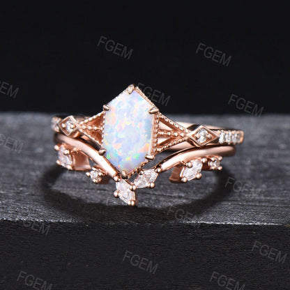 Long Hexagon Opal Ring Set Split Shank Engagement Ring Rose Gold Milgrain Bridal Set Unique Marquise Moissanite Ring October Birthstone Gift