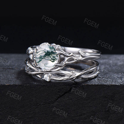 White Gold Leaf Textured Ring 6.5mm Round Natural Moss Agate Engagement Ring Set Twist Branch Green Moss Wedding Ring Unique Proposal Gift