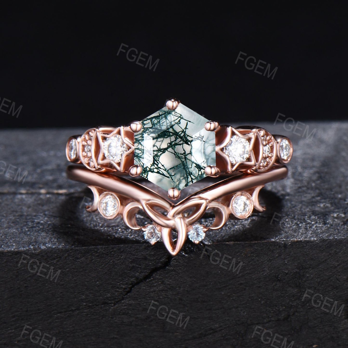 Celestial Moon Star Design Natural Moss Agate Ring Set Hexagon Green Moss Bridal Set Triple Moon Moissanite Ring Celtic Moon Ring Women Gift