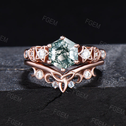 Celestial Moon Star Design Natural Moss Agate Ring Set Hexagon Green Moss Bridal Set Triple Moon Moissanite Ring Celtic Moon Ring Women Gift