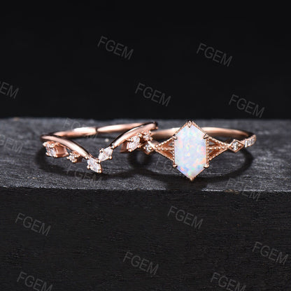 Long Hexagon Opal Ring Set Split Shank Engagement Ring Rose Gold Milgrain Bridal Set Unique Marquise Moissanite Ring October Birthstone Gift