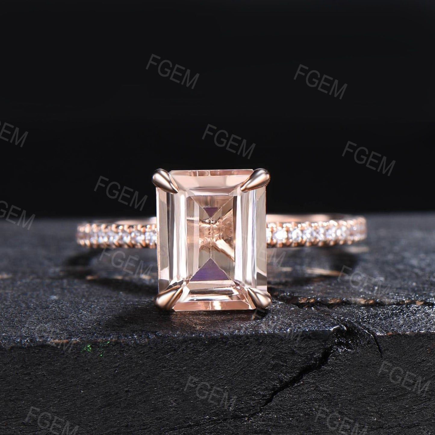 Vintage 2ct Morganite Engagement Ring Set Emerald Cut Morganite Moissanite Wedding Ring 14K Rose Gold Butterfly Sapphire Ruby Matching Band