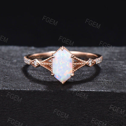 Long Hexagon Opal Ring Set Split Shank Engagement Ring Rose Gold Milgrain Bridal Set Unique Marquise Moissanite Ring October Birthstone Gift