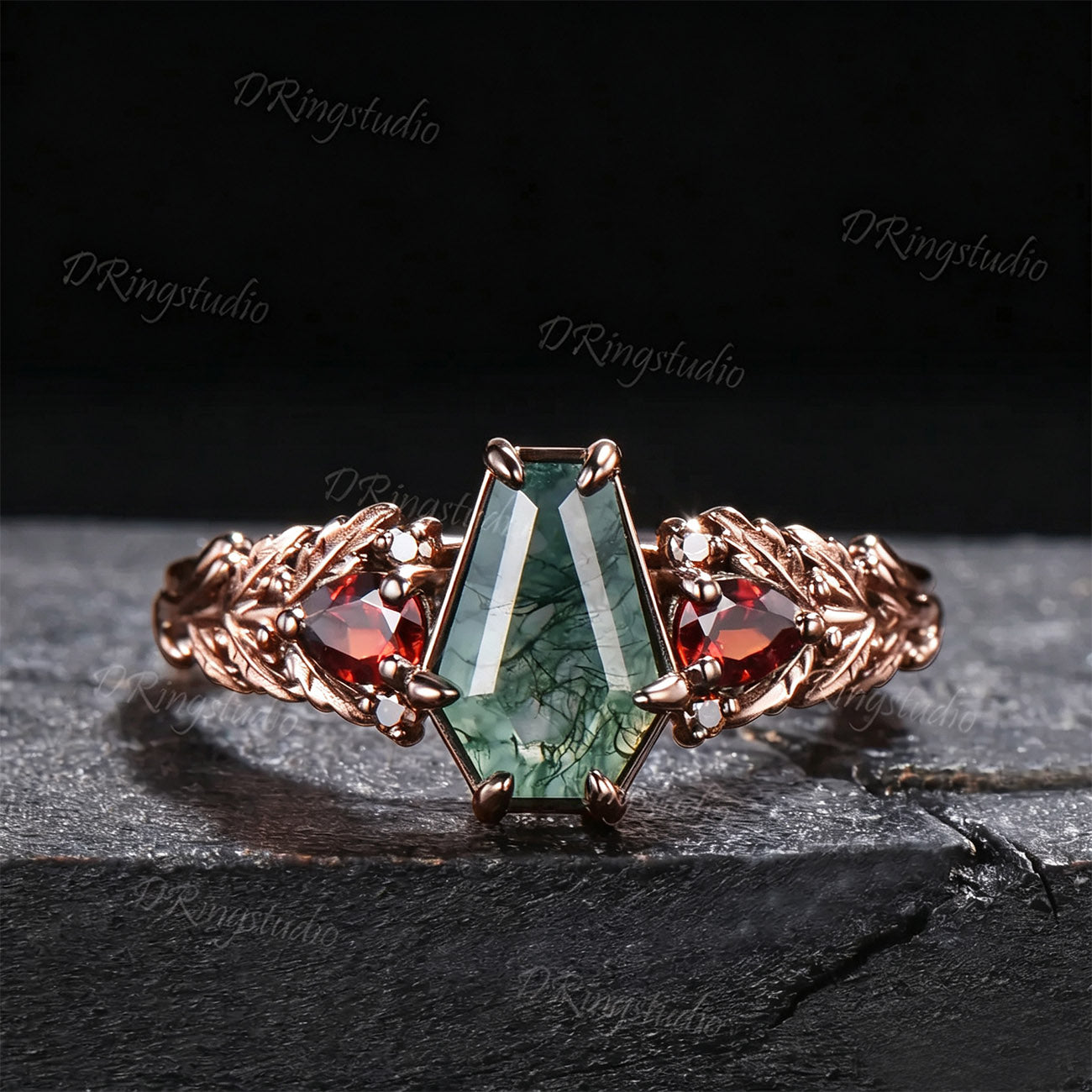14K Black Gold Coffin Cut Natural Moss Agate Garnet Engagement Ring for Her Gothic Oak Leaf Inspired Cluster Promise Ring Proposal Gift