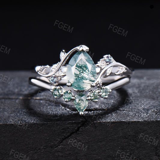 Pear Natural Moss Agate Alexandrite Bridal Set Nature Inspired Moss Agate Engagement Ring Unique Leaf Vine Branch Wedding Anniversary Rings