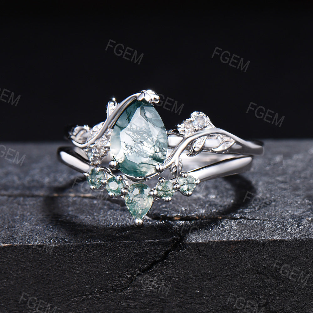 Pear Natural Moss Agate Alexandrite Bridal Set Nature Inspired Moss Agate Engagement Ring Unique Leaf Vine Branch Wedding Anniversary Rings