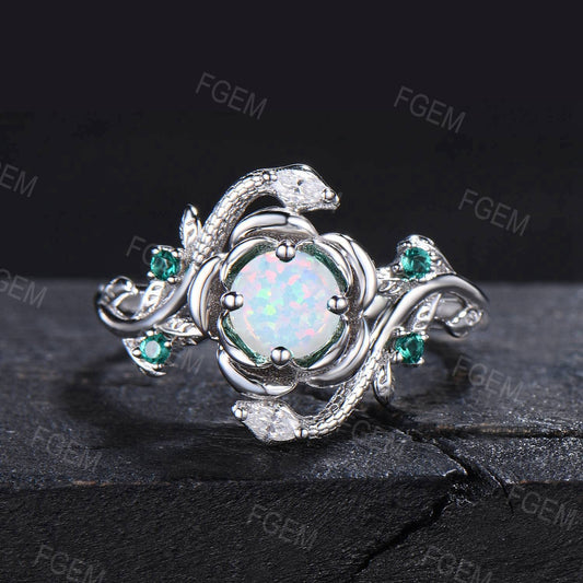 14k Solid Gold Snake Floral White Opal Engagement Ring Nature Inspired Leaf Vine Emerald Wedding Ring October Birthstone Gifts