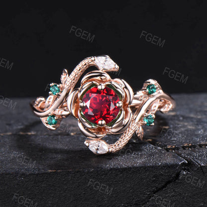 Gold Snake Engagement Ring Rose Flower Round Ruby Ring Dainty Serpent Ring Branch Leaf Emerald Diamond Ring July Birthstone Proposal Gifts