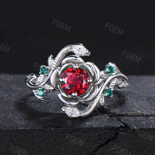 Gold Snake Engagement Ring Rose Flower Round Ruby Ring Dainty Serpent Ring Branch Leaf Emerald Diamond Ring July Birthstone Proposal Gifts