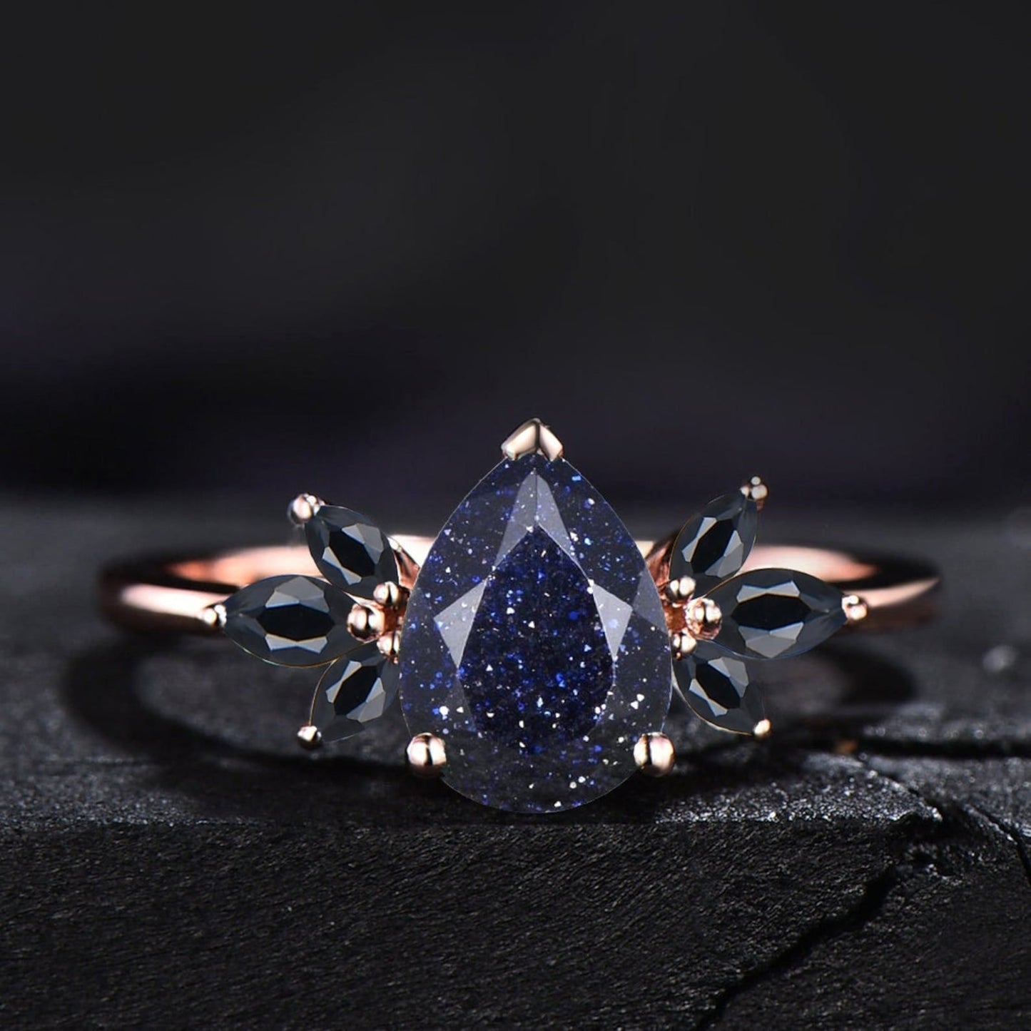 1.25ct Pear Shaped Starry Sky Blue Sandstone Cluster Engagement Ring 14K Rose Gold Black Diamond Ring Unique Handmade Proposal Gifts for Her