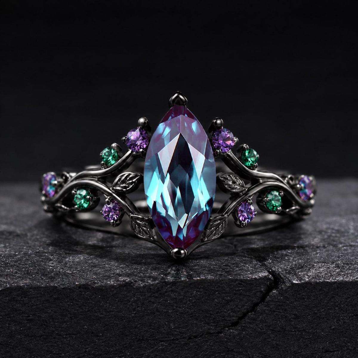 Nature Leaves Vine Marquise Alexandrite Engagement Ring Set Gothic Black Gold Split Shank Wedding Set Amethyst Emerald Cluster Bridal Ring