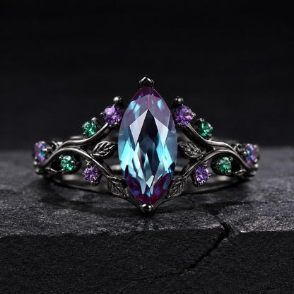 Nature Leaves Vine Marquise Alexandrite Engagement Ring Set Gothic Black Gold Split Shank Wedding Set Amethyst Emerald Cluster Bridal Ring