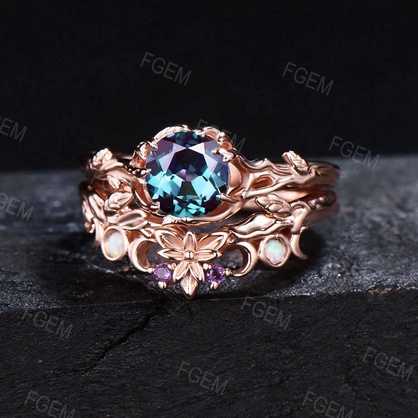 Rose Gold Round Alexandrite Engagement Ring Set Trinity Knot Opal Amethyst Wedding Ring Nature Inspired Leaf Textured Alexandrite Bridal Set