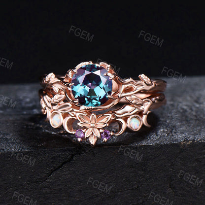 Rose Gold Round Alexandrite Engagement Ring Set Trinity Knot Opal Amethyst Wedding Ring Nature Inspired Leaf Textured Alexandrite Bridal Set