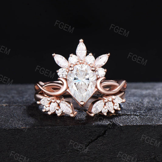 Teardrop Moissanite Engagement Ring Set Art Deco Crown Wedding Ring 14k Rose Gold Moissanite Cluster Bridal Set Infinity Ring Proposal Gifts