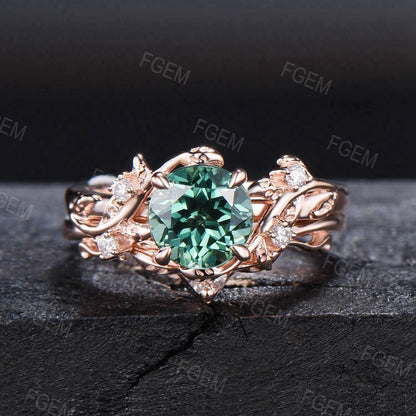 Round Green Sapphire Emerald Leaf Ring Set Green Blue Montana Teal Sapphire Branch Engagement Ring Anniversary Gifts