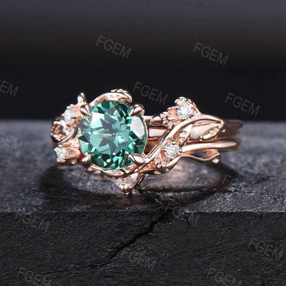 Round Green Sapphire Emerald Leaf Ring Set Green Blue Montana Teal Sapphire Branch Engagement Ring Anniversary Gifts