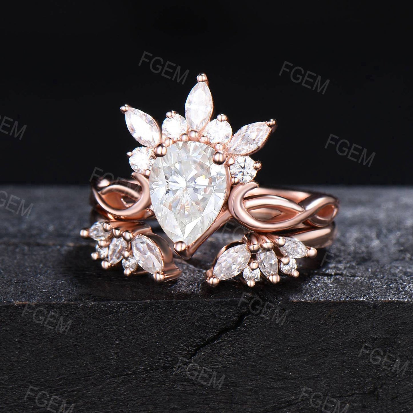 Teardrop Moissanite Engagement Ring Set Art Deco Crown Wedding Ring 14k Rose Gold Moissanite Cluster Bridal Set Infinity Ring Proposal Gifts