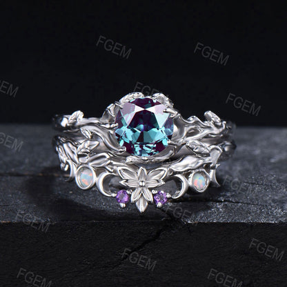 Rose Gold Round Alexandrite Engagement Ring Set Trinity Knot Opal Amethyst Wedding Ring Nature Inspired Leaf Textured Alexandrite Bridal Set