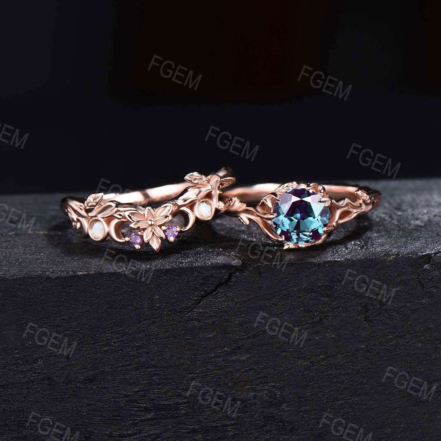 Rose Gold Round Alexandrite Engagement Ring Set Trinity Knot Opal Amethyst Wedding Ring Nature Inspired Leaf Textured Alexandrite Bridal Set