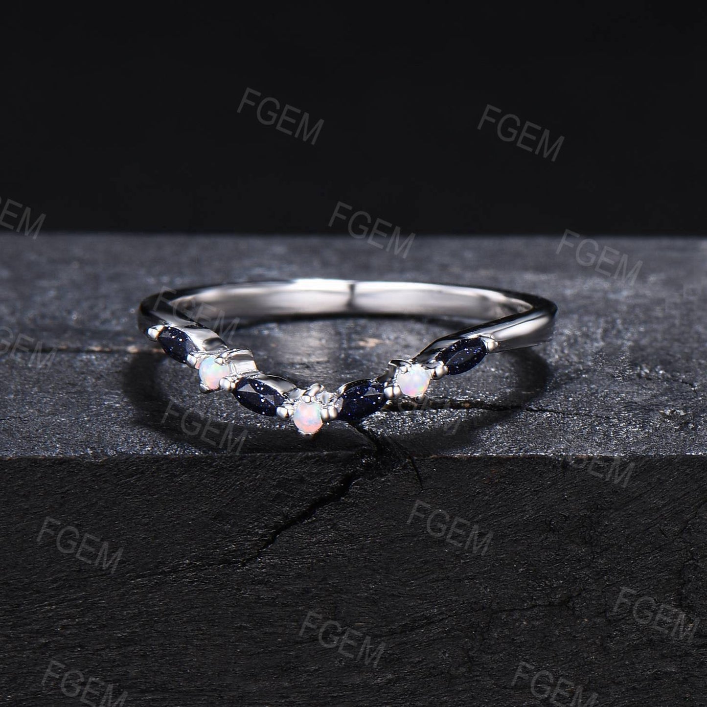 Sterling Silver Unique Marquise Blue Sandstone Wedding Band Opal Nesting Band Vintage Blue Goldstone Stackable Band Chevron Ring Women Gift