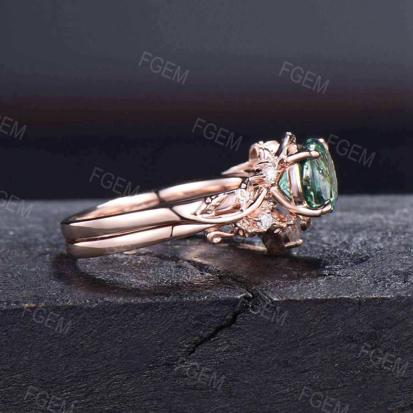 Round Green Sapphire Emerald Leaf Ring Set Green Blue Montana Teal Sapphire Branch Engagement Ring Anniversary Gifts