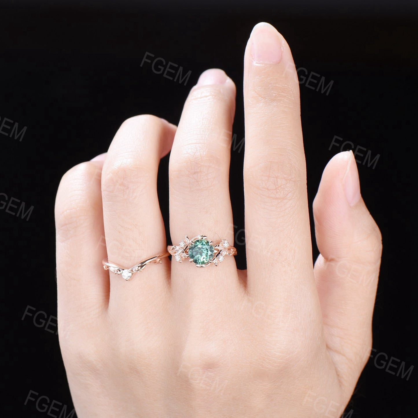 Round Green Sapphire Emerald Leaf Ring Set Green Blue Montana Teal Sapphire Branch Engagement Ring Anniversary Gifts