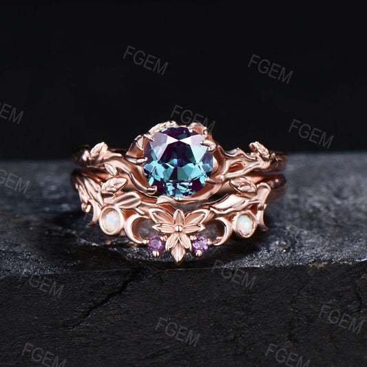 Rose Gold Round Alexandrite Engagement Ring Set Trinity Knot Opal Amethyst Wedding Ring Nature Inspired Leaf Textured Alexandrite Bridal Set