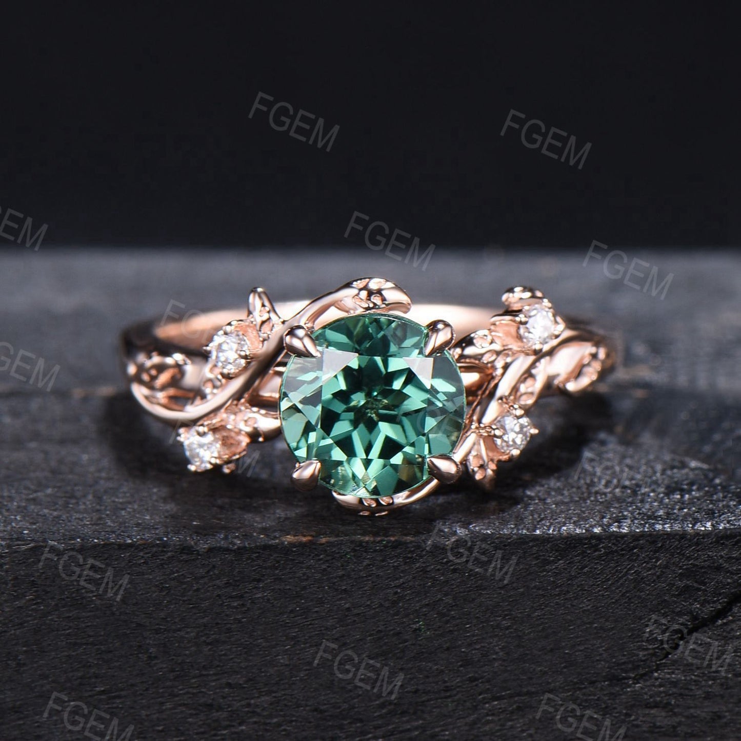 Round Green Sapphire Emerald Leaf Ring Set Green Blue Montana Teal Sapphire Branch Engagement Ring Anniversary Gifts