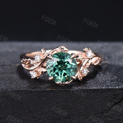 Round Green Sapphire Emerald Leaf Ring Set Green Blue Montana Teal Sapphire Branch Engagement Ring Anniversary Gifts