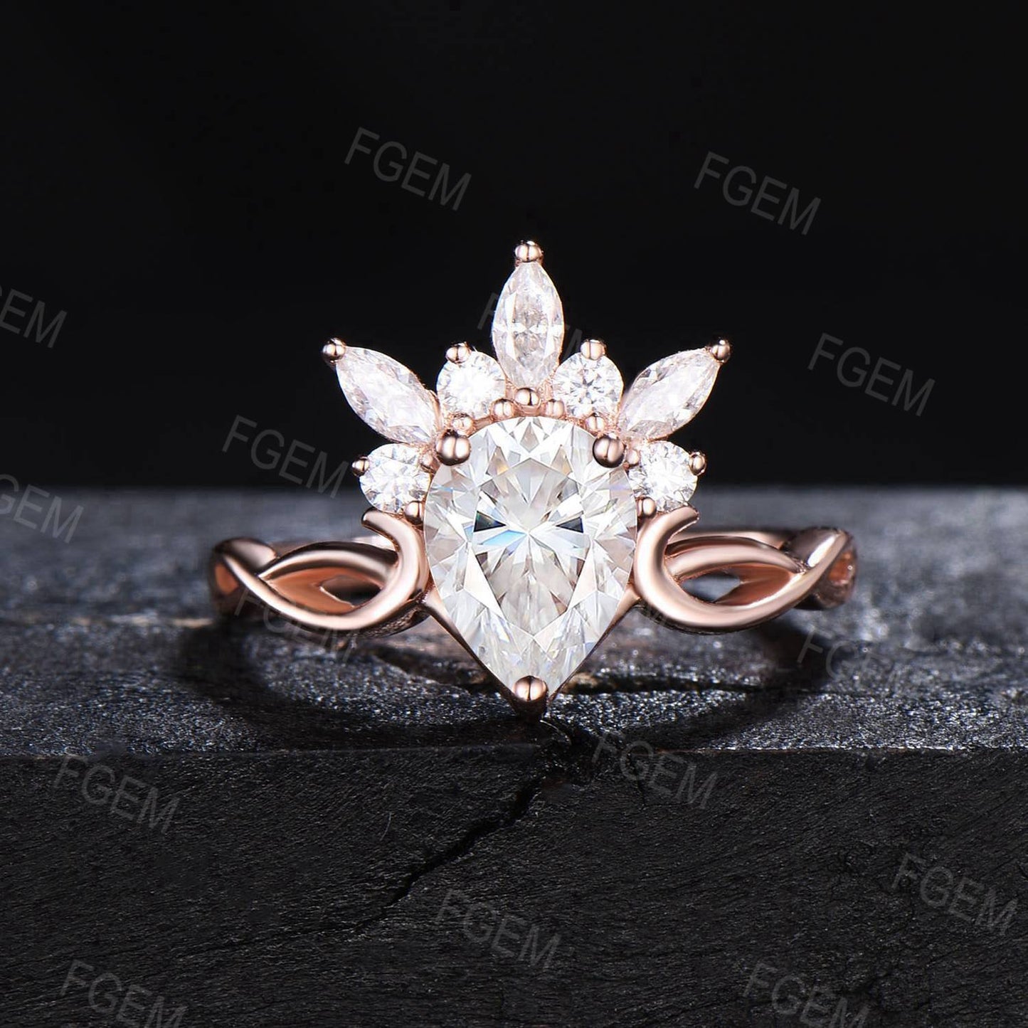 Teardrop Moissanite Engagement Ring Set Art Deco Crown Wedding Ring 14k Rose Gold Moissanite Cluster Bridal Set Infinity Ring Proposal Gifts