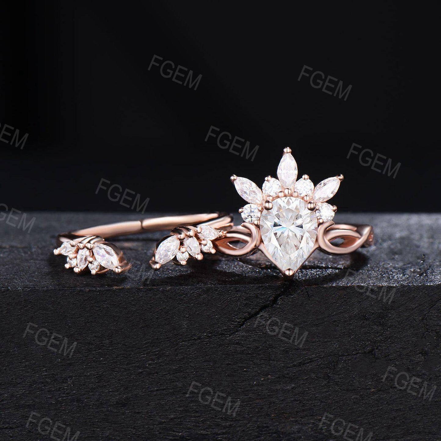 Teardrop Moissanite Engagement Ring Set Art Deco Crown Wedding Ring 14k Rose Gold Moissanite Cluster Bridal Set Infinity Ring Proposal Gifts